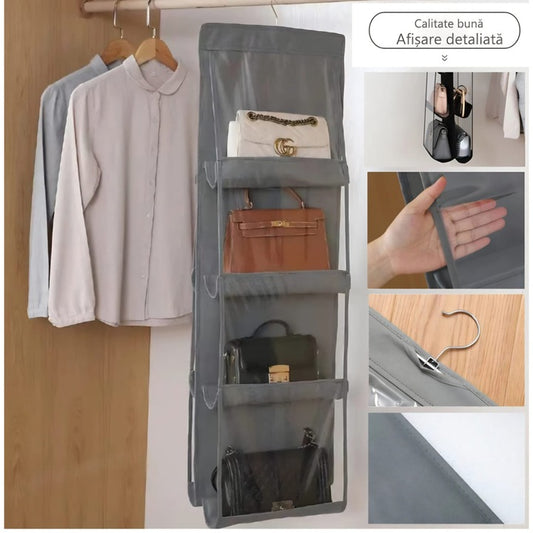 Set 2 Organizator Premium 8 buzunare transparente, pentru genti si pantofi, cuier metalic, 100x34x15 cm, textil gri