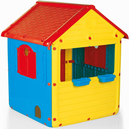 Casuta de gradina pentru copii din plastic cu usi si ferestre care se deschid, casa de joaca interior exterior cu detalii interactive, 122x104x110 cm, galben rosu albastru