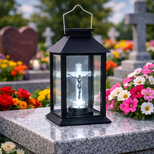 Felinar profesional JB® Solar Negru Cruce cu LED, pentru cimitire si morminte 14x14x28cm