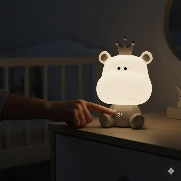 Lampa de veghe copii, model cu hipopotam, cablu USB, Alb/Gri