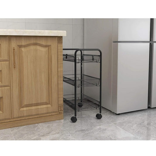 Raft mobila cu 3 etajere , pentru bucatarie, baie, living, usor de Montat, pentru spatii inguste, Material ABS/Otel Inoxidabil, Metal, 64 x 44 x 27 cm, Negru