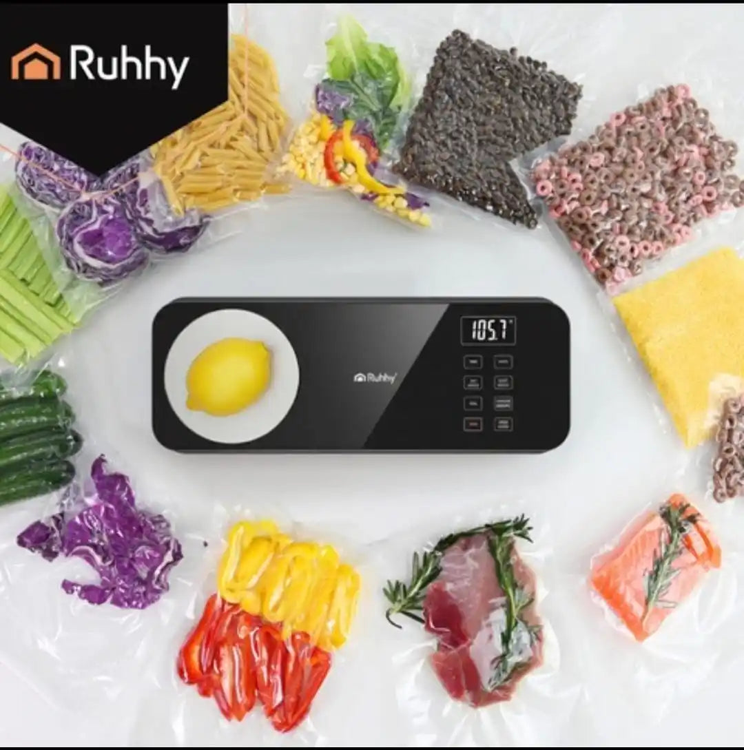 Aparat Vidat Alimente RUHHY 2 in 1 cu Cantar Digital, 120W, 80kPa, Pompa Dubla, Sigilare Pungi 30cm, Cutit Integrat, 6 Moduri, Vacuum Alimente Umede/Uscate, Negru