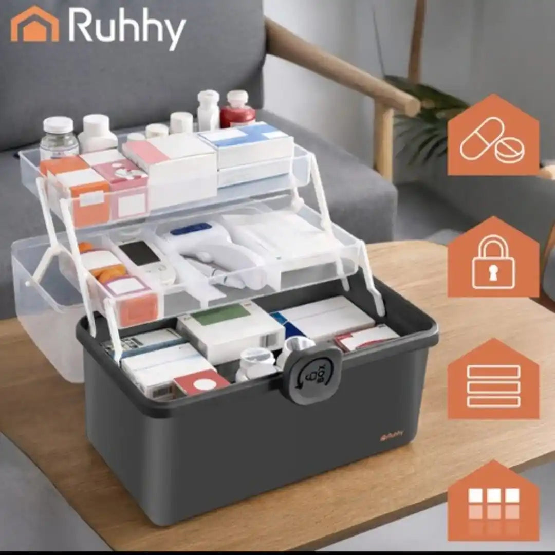 Organizator Medicamente Mare cu 2 Niveluri, Cutie Depozitare Pastile, Trusa Medicala Portabila, Compartimente Pliabile, Capac Transparent, Inchidere Sigura, PP, 32x22.5x19 cm, Gri