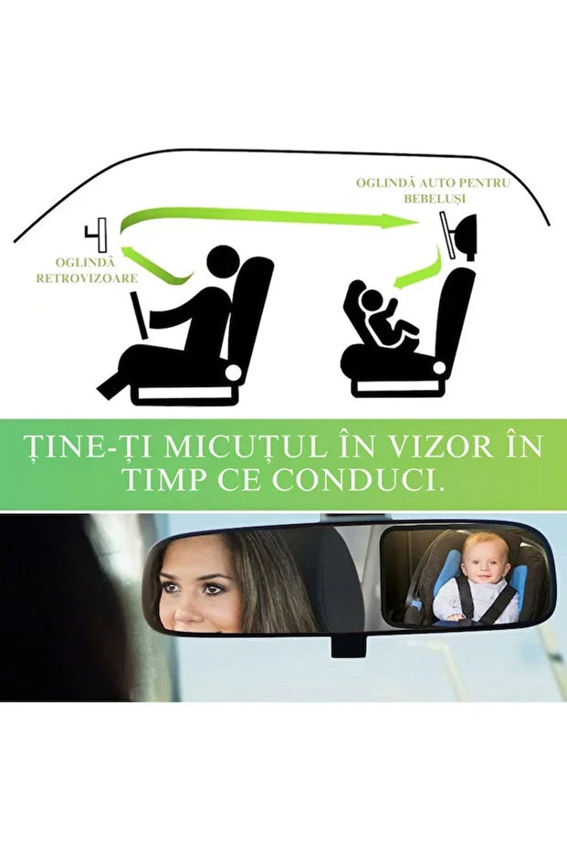 Oglinda Auto pentru Supravegherea Bebelusilor, Reglabila 360°, 4 Curele de Fixare, Oglinda Acrilica Antispargere, Siguranta Maxima in Masina