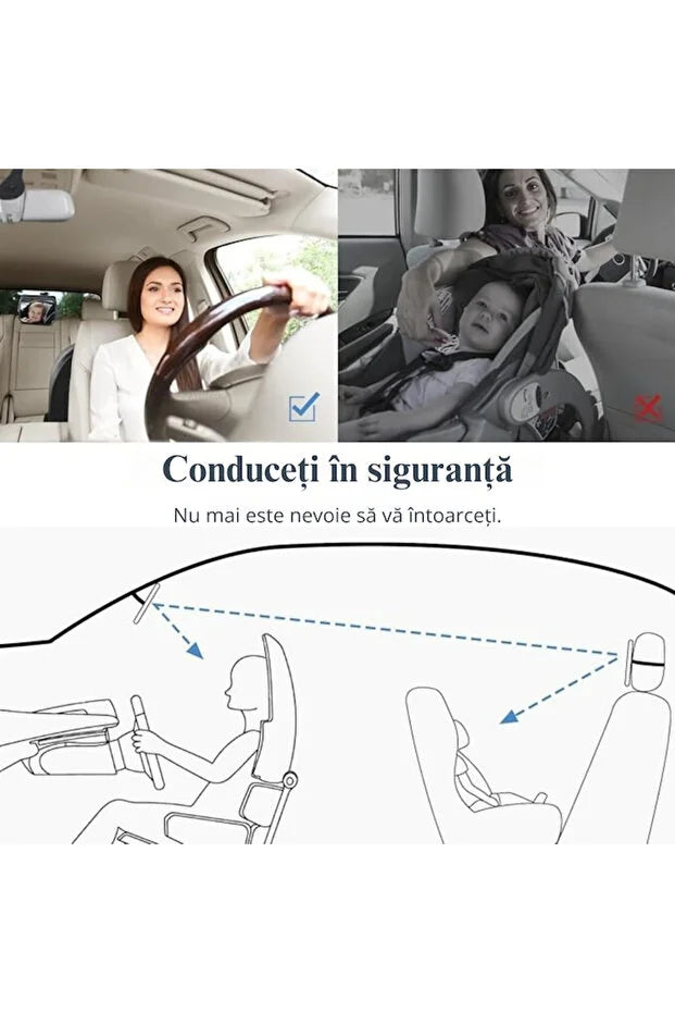 Oglinda Auto pentru Supravegherea Bebelusilor, Reglabila 360°, 4 Curele de Fixare, Oglinda Acrilica Antispargere, Siguranta Maxima in Masina