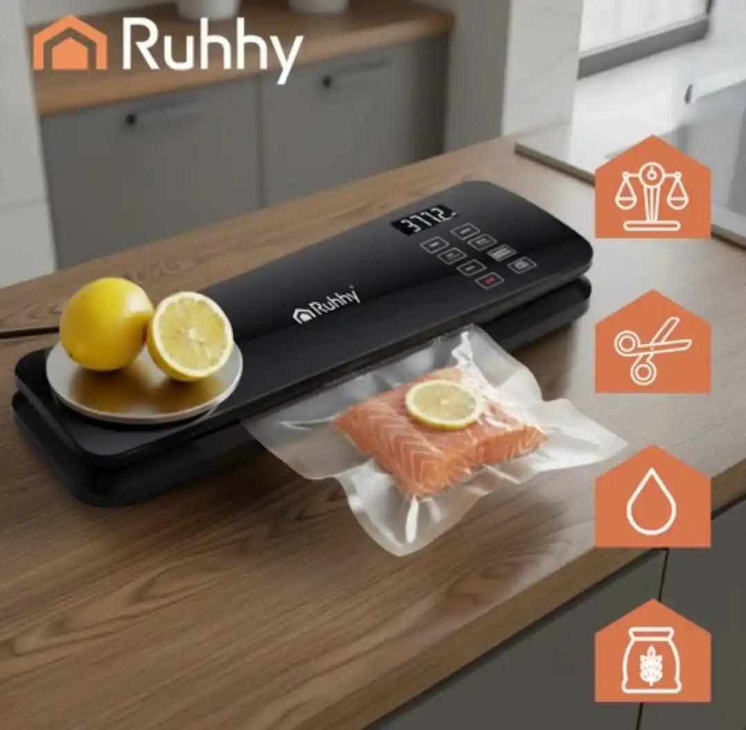 Aparat Vidat Alimente RUHHY 2 in 1 cu Cantar Digital, 120W, 80kPa, Pompa Dubla, Sigilare Pungi 30cm, Cutit Integrat, 6 Moduri, Vacuum Alimente Umede/Uscate, Negru