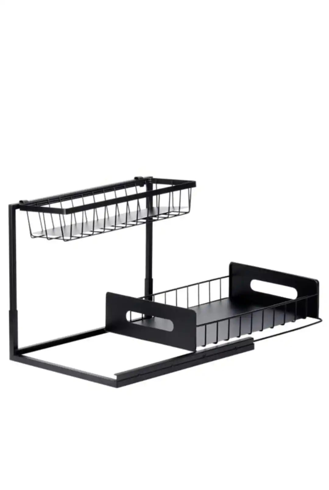 Raft De Bucatarie Premium Cu Sertar Glisant, Raft De Depozitare Pe Doua Niveluri, Metalic,Negru