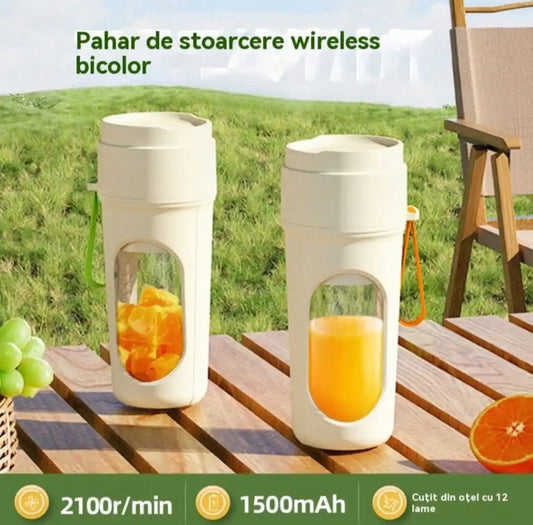 Pahar electric portabil pentru sucuri, tip pahar, reincarcabil USB, 12 lame din inox, 40W