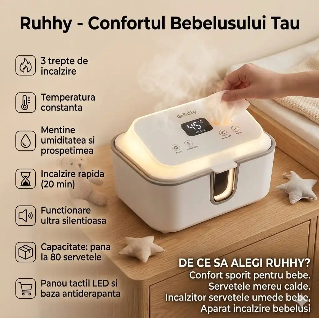 Incalzitor Servetele Umede Ruhhy pentru Bebelusi, 3 Trepte Temperatura, Panou Touch LED, Mentinere Umiditate, Capacitate 80 Servetele, Baza Antiderapanta, Alb