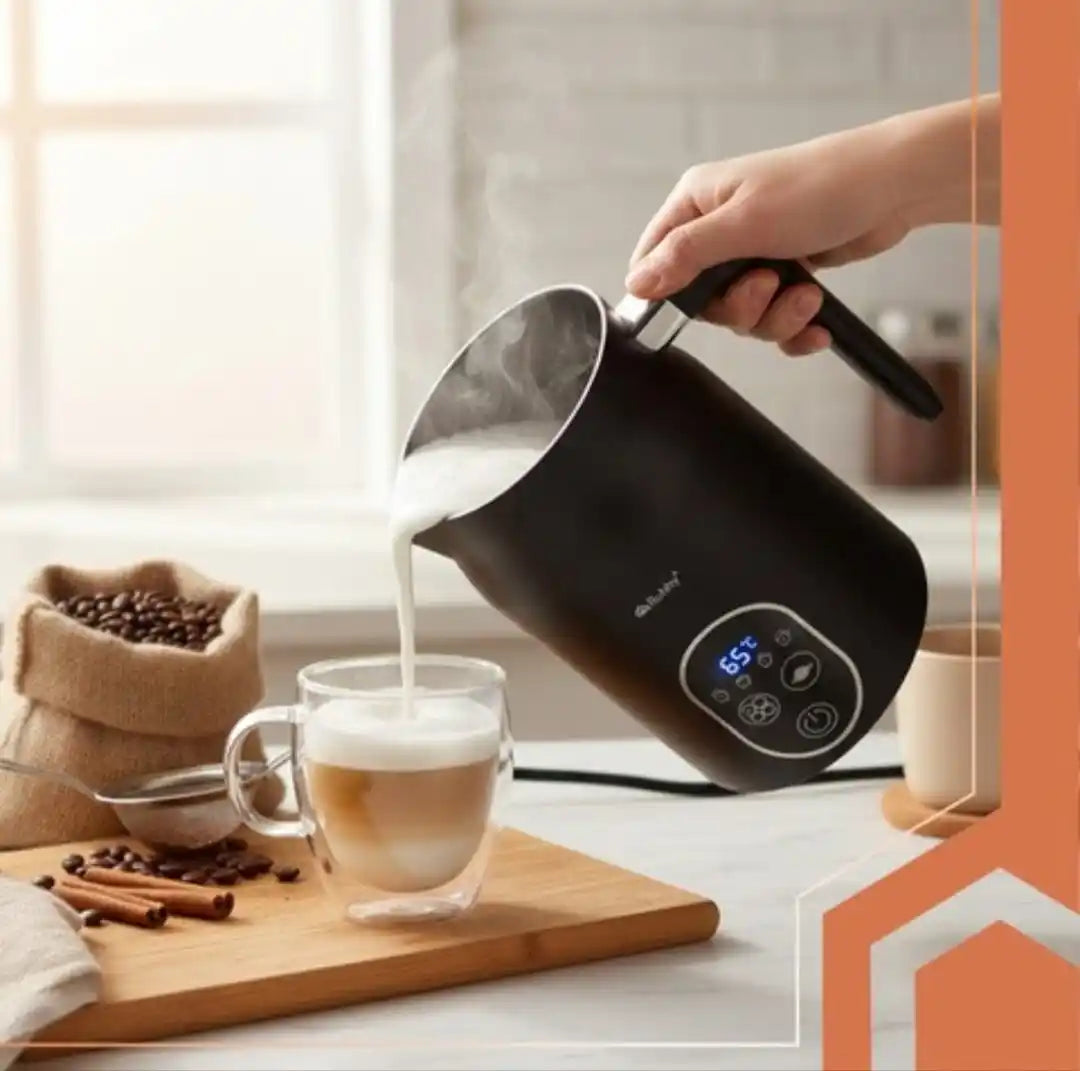 Spumator Lapte Electric RUHHY 4 in 1, 500W, Afisaj LED, Spuma Calda/Rece, Incalzire 55-75°C, 270ml, Cappuccino & Latte, Antiaderent, Fara BPA, Negru