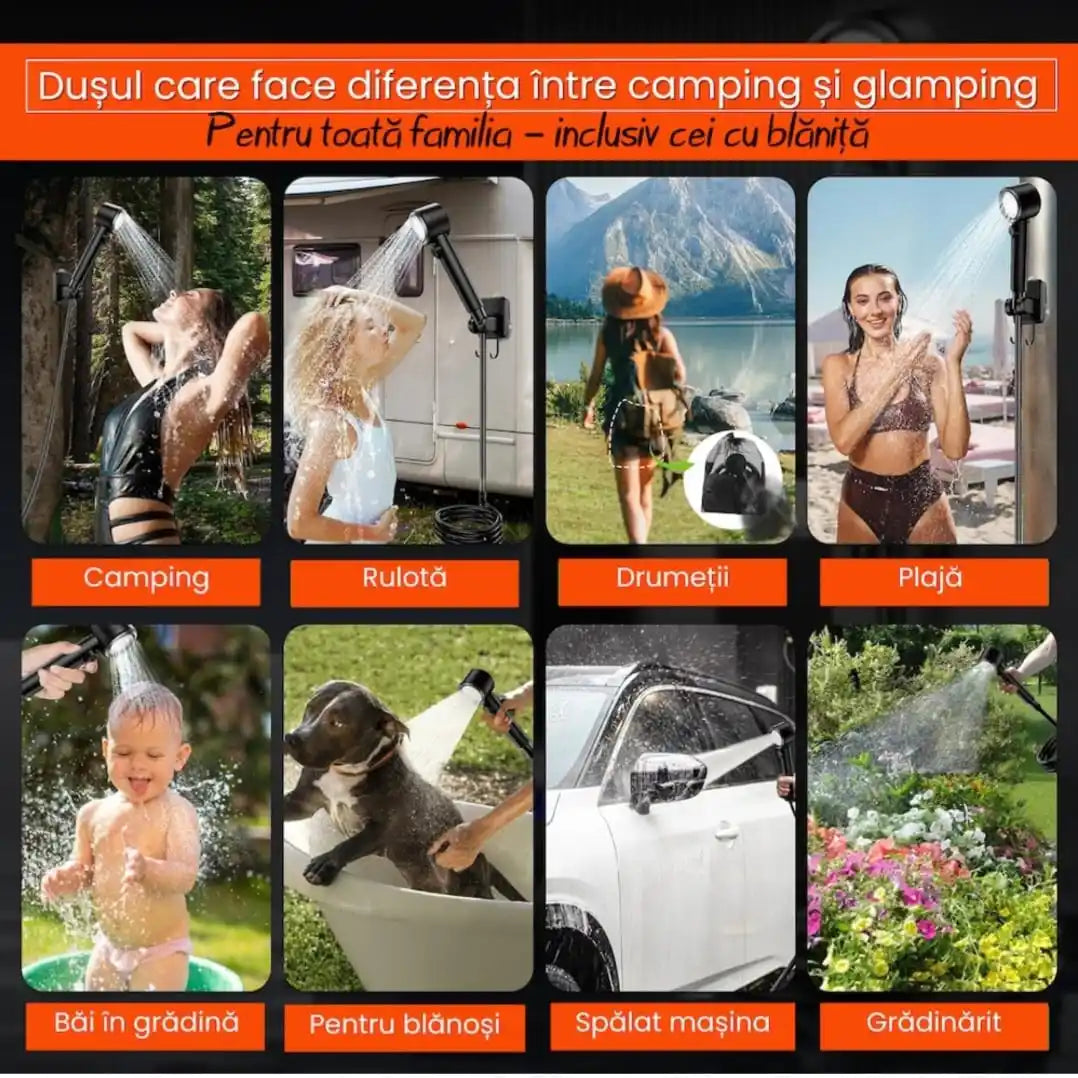 Dus Camping Portabil TRIZAND 8000mAh, Pompa Electrica USB, IPX8, 5 Trepte Presiune, 4 Moduri Jet, Afisaj LED, Dus Auto/Plaja/Gradina, 10L/min