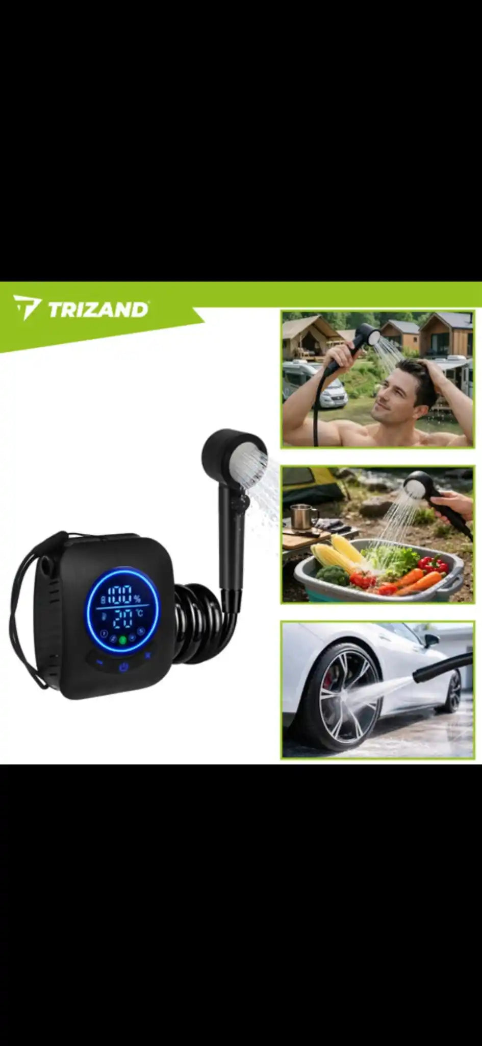 Dus Camping Portabil TRIZAND 8000mAh, Pompa Electrica USB, IPX8, 5 Trepte Presiune, 4 Moduri Jet, Afisaj LED, Dus Auto/Plaja/Gradina, 10L/min