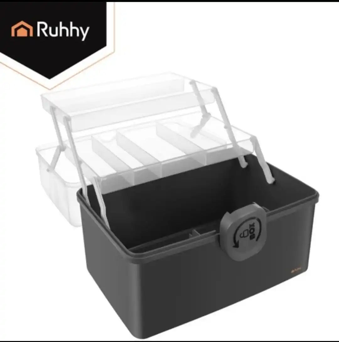 Organizator Medicamente Mare cu 2 Niveluri, Cutie Depozitare Pastile, Trusa Medicala Portabila, Compartimente Pliabile, Capac Transparent, Inchidere Sigura, PP, 32x22.5x19 cm, Gri
