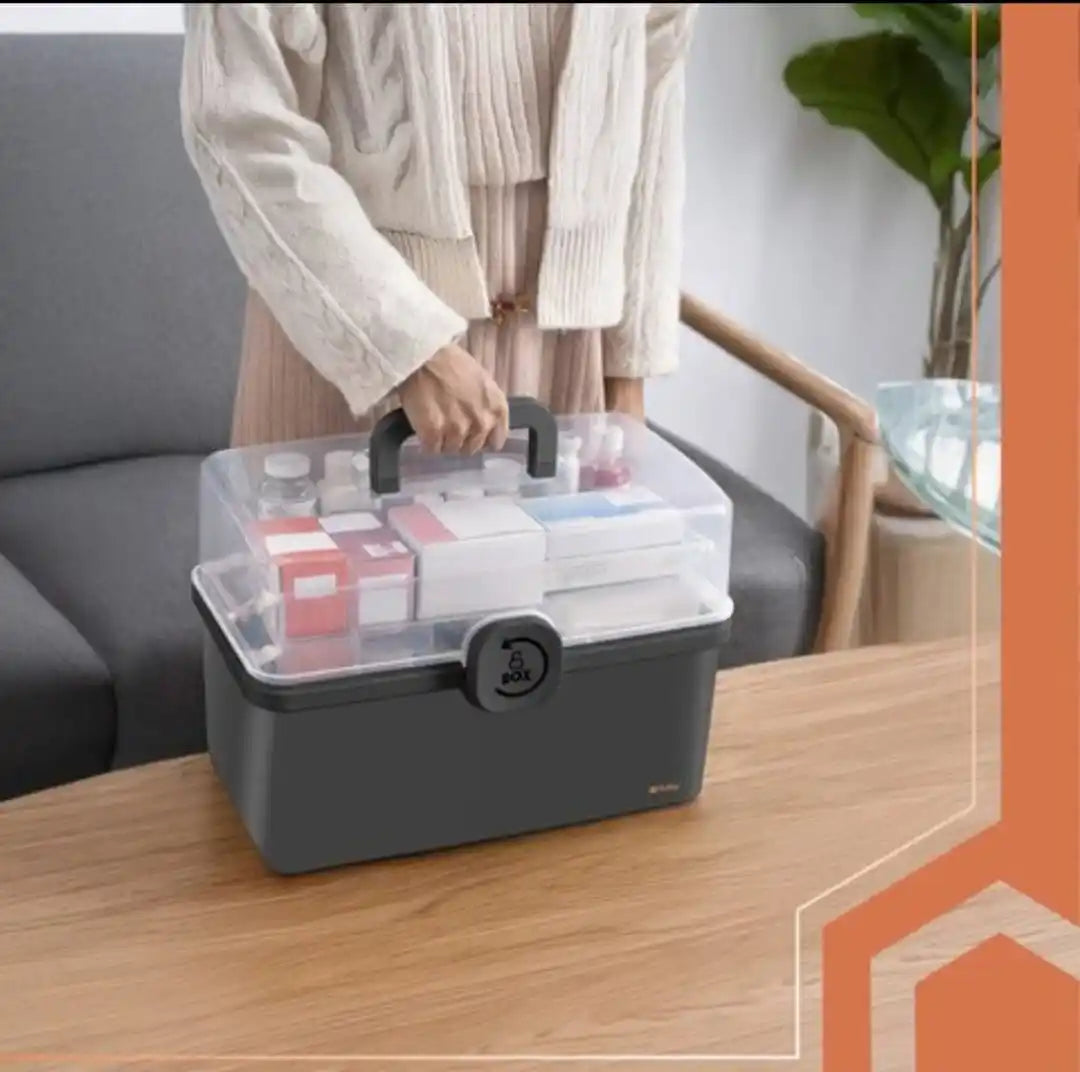 Organizator Medicamente Mare cu 2 Niveluri, Cutie Depozitare Pastile, Trusa Medicala Portabila, Compartimente Pliabile, Capac Transparent, Inchidere Sigura, PP, 32x22.5x19 cm, Gri