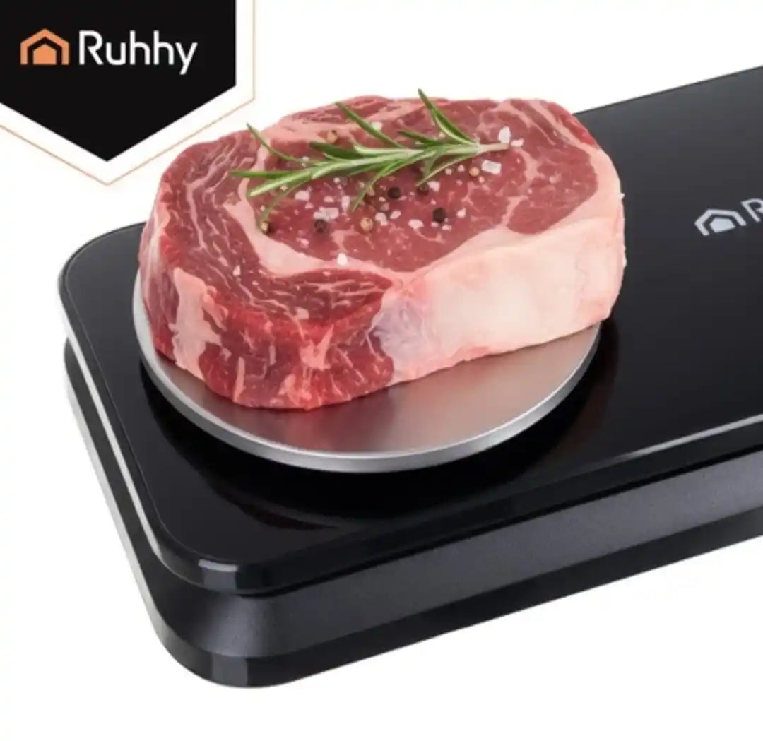 Aparat Vidat Alimente RUHHY 2 in 1 cu Cantar Digital, 120W, 80kPa, Pompa Dubla, Sigilare Pungi 30cm, Cutit Integrat, 6 Moduri, Vacuum Alimente Umede/Uscate, Negru