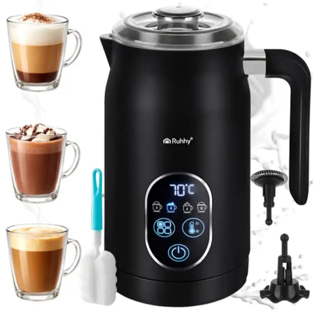 Spumator Lapte Electric RUHHY 4 in 1, 500W, Afisaj LED, Spuma Calda/Rece, Incalzire 55-75°C, 270ml, Cappuccino & Latte, Antiaderent, Fara BPA, Negru