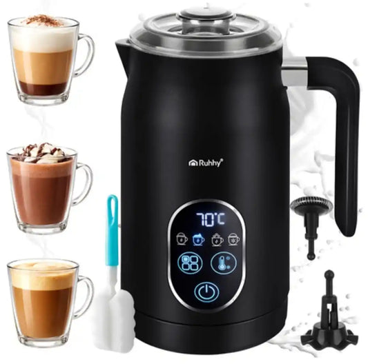 Spumator Lapte Electric RUHHY 4 in 1, 500W, Afisaj LED, Spuma Calda/Rece, Incalzire 55-75°C, 270ml, Cappuccino & Latte, Antiaderent, Fara BPA, Negru