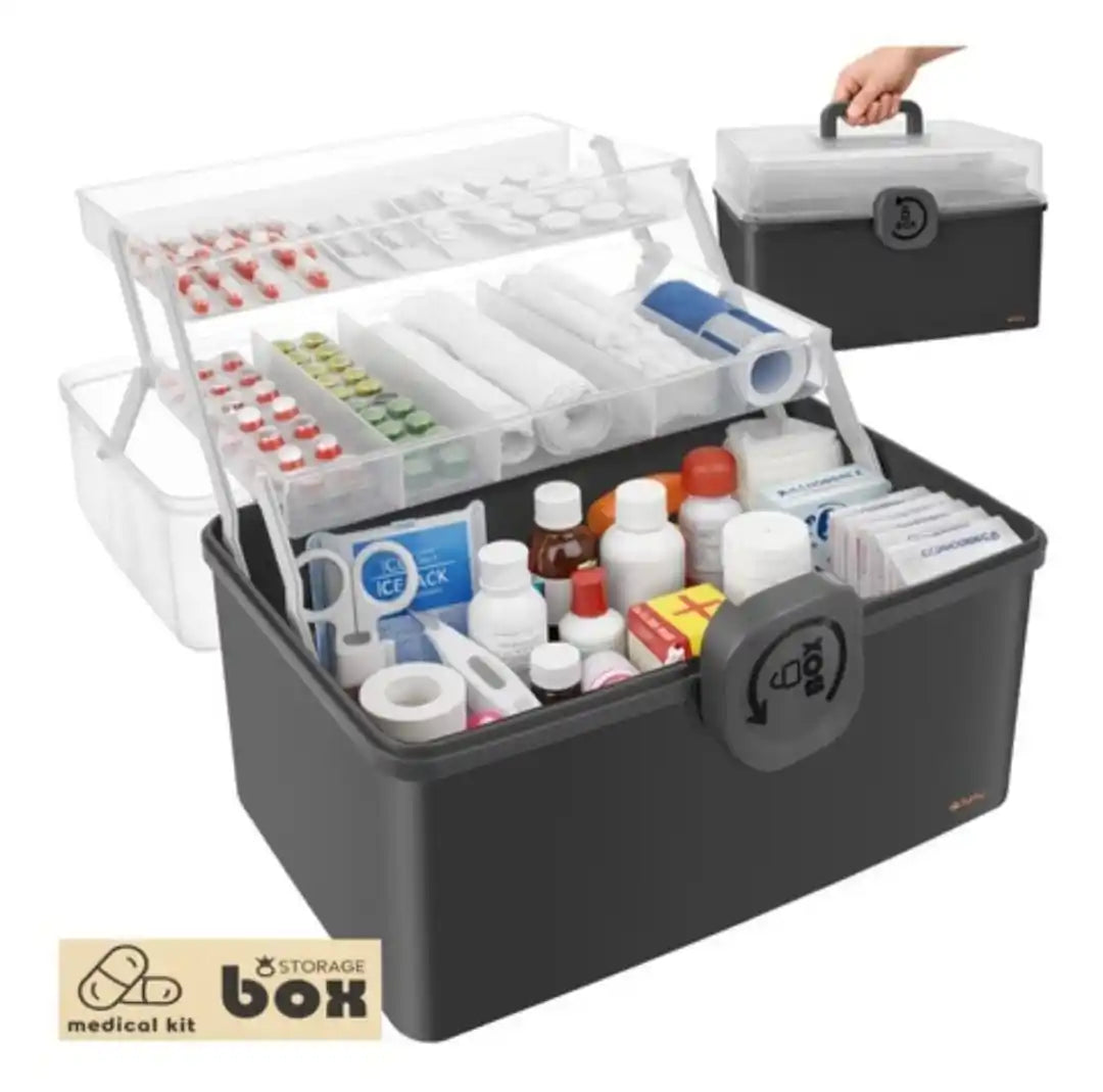 Organizator Medicamente Mare cu 2 Niveluri, Cutie Depozitare Pastile, Trusa Medicala Portabila, Compartimente Pliabile, Capac Transparent, Inchidere Sigura, PP, 32x22.5x19 cm, Gri