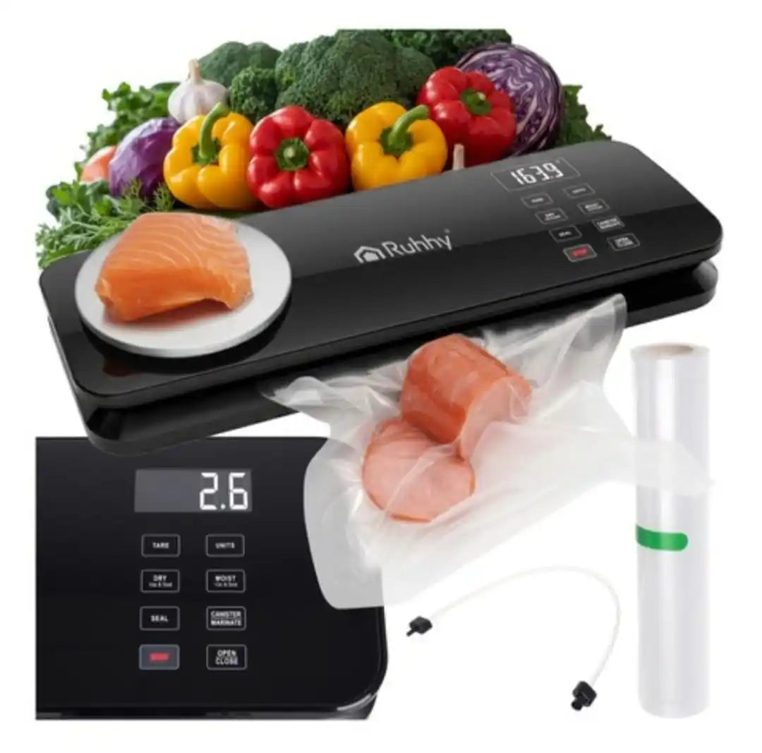 Aparat Vidat Alimente RUHHY 2 in 1 cu Cantar Digital, 120W, 80kPa, Pompa Dubla, Sigilare Pungi 30cm, Cutit Integrat, 6 Moduri, Vacuum Alimente Umede/Uscate, Negru