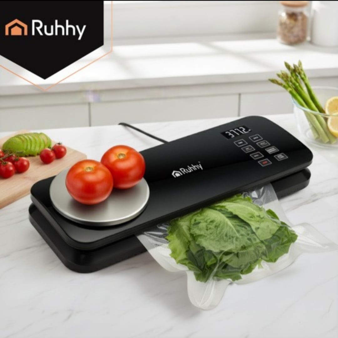 Aparat Vidat Alimente RUHHY 2 in 1 cu Cantar Digital, 120W, 80kPa, Pompa Dubla, Sigilare Pungi 30cm, Cutit Integrat, 6 Moduri, Vacuum Alimente Umede/Uscate, Negru
