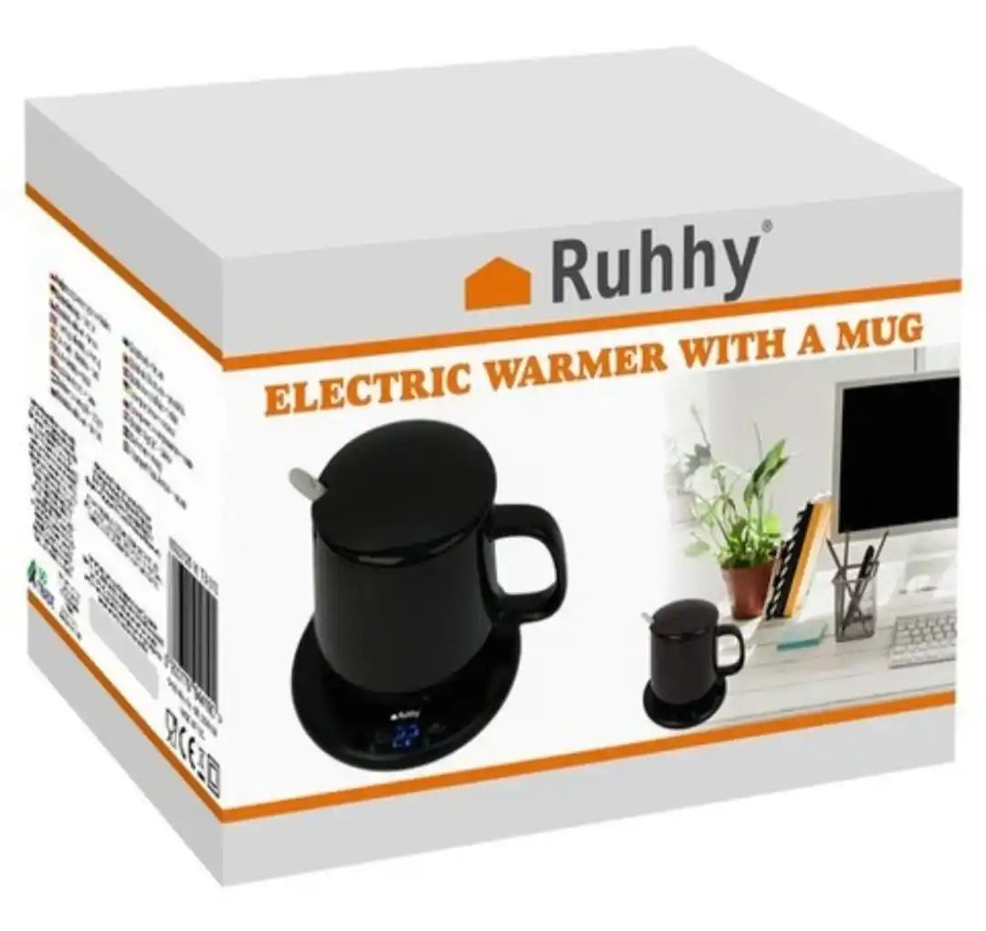 Incalzitor Cana Cafea si Ceai Electric 60°C, Set Cadou cu Cana Ceramica 400ml + Capac si Lingurita, 18W, Timer 1-9h, Placa Incalzire Universala, Anti-Alunecare, Negru