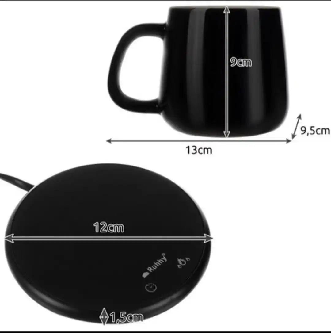 Incalzitor Cana Cafea si Ceai Electric 60°C, Set Cadou cu Cana Ceramica 400ml + Capac si Lingurita, 18W, Timer 1-9h, Placa Incalzire Universala, Anti-Alunecare, Negru