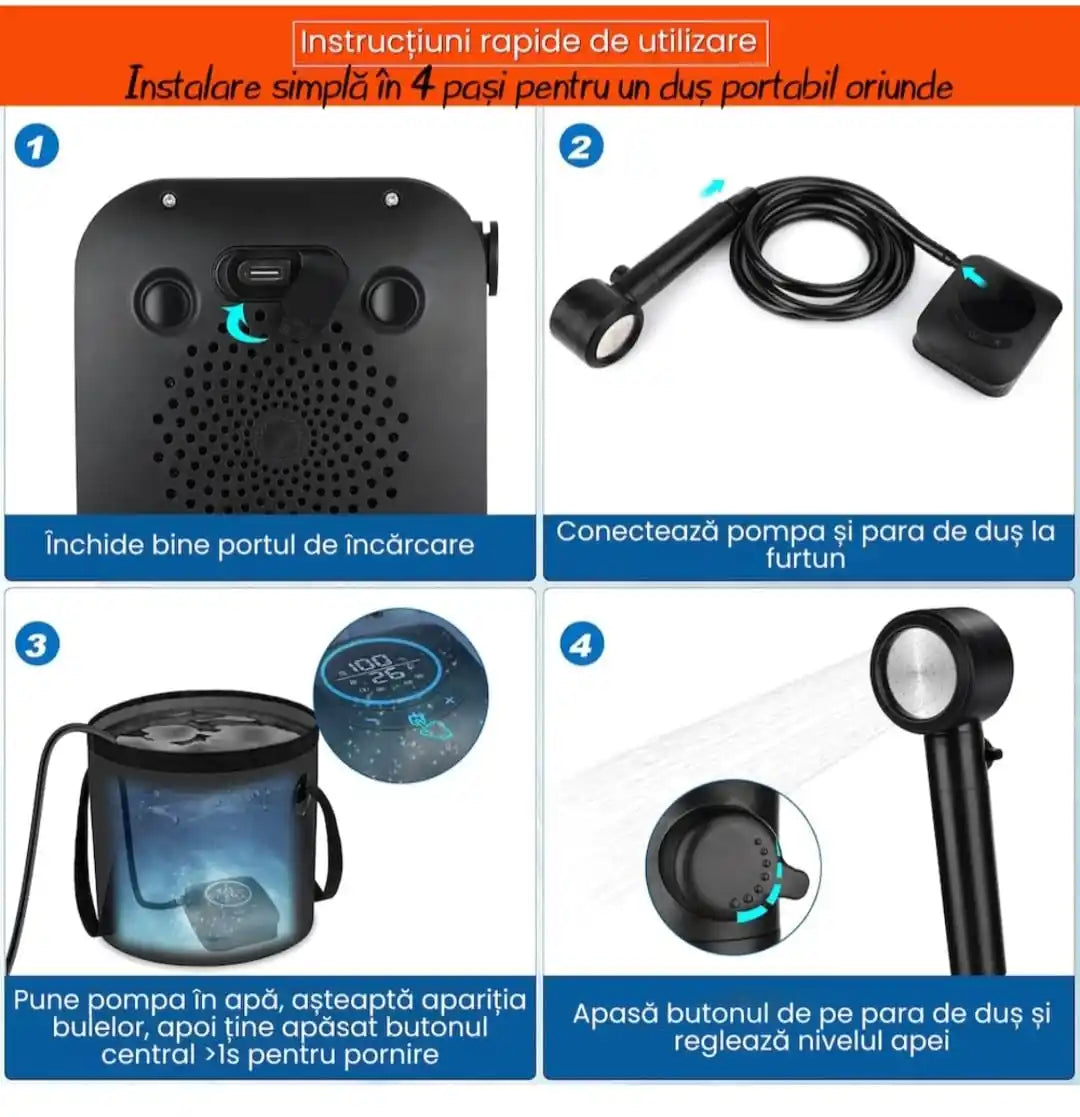 Dus Camping Portabil TRIZAND 8000mAh, Pompa Electrica USB, IPX8, 5 Trepte Presiune, 4 Moduri Jet, Afisaj LED, Dus Auto/Plaja/Gradina, 10L/min