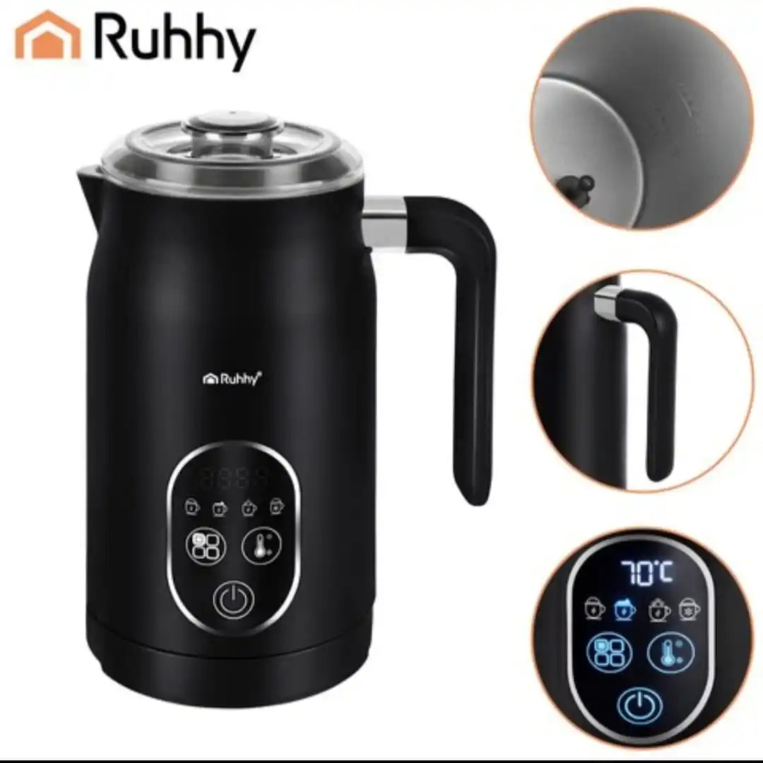 Spumator Lapte Electric RUHHY 4 in 1, 500W, Afisaj LED, Spuma Calda/Rece, Incalzire 55-75°C, 270ml, Cappuccino & Latte, Antiaderent, Fara BPA, Negru