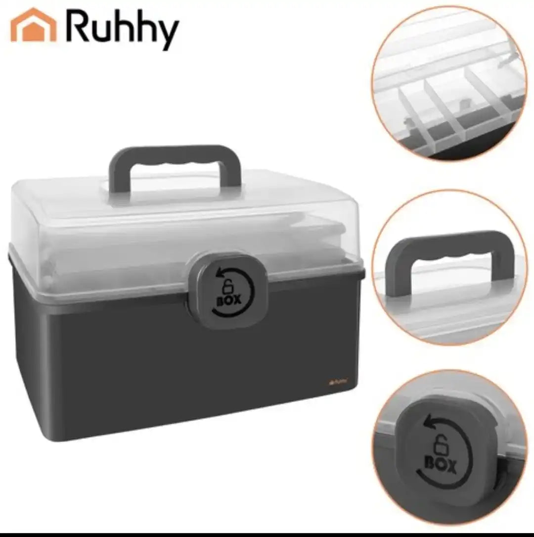 Organizator Medicamente Mare cu 2 Niveluri, Cutie Depozitare Pastile, Trusa Medicala Portabila, Compartimente Pliabile, Capac Transparent, Inchidere Sigura, PP, 32x22.5x19 cm, Gri