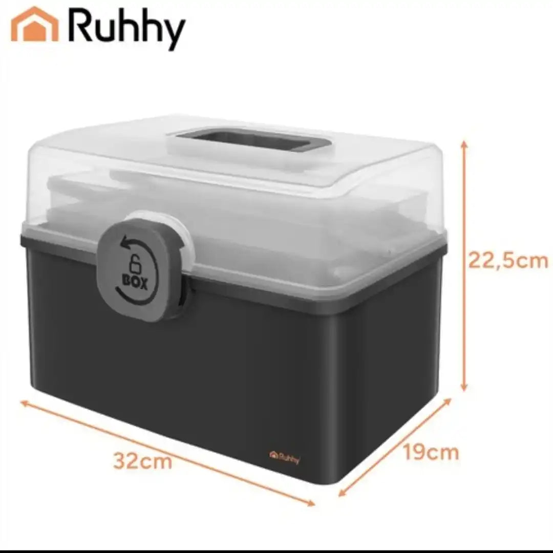 Organizator Medicamente Mare cu 2 Niveluri, Cutie Depozitare Pastile, Trusa Medicala Portabila, Compartimente Pliabile, Capac Transparent, Inchidere Sigura, PP, 32x22.5x19 cm, Gri