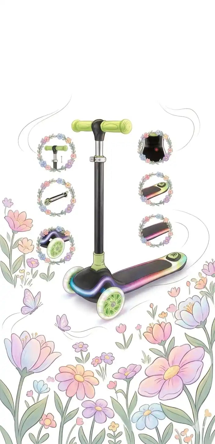 Trotineta copii cu 3 roti si LED, Ghidon Reglabil, Platforma Antiderapanta, Frana Spate