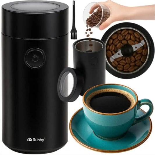 Rasnita Electrica Cafea RUHHY 150W, 50g, Lame din Otel Inoxidabil, Macinare Rapida Condimente si Nuci, Control Grad Macinare, Capac Transparent, Fara BPA, Negru