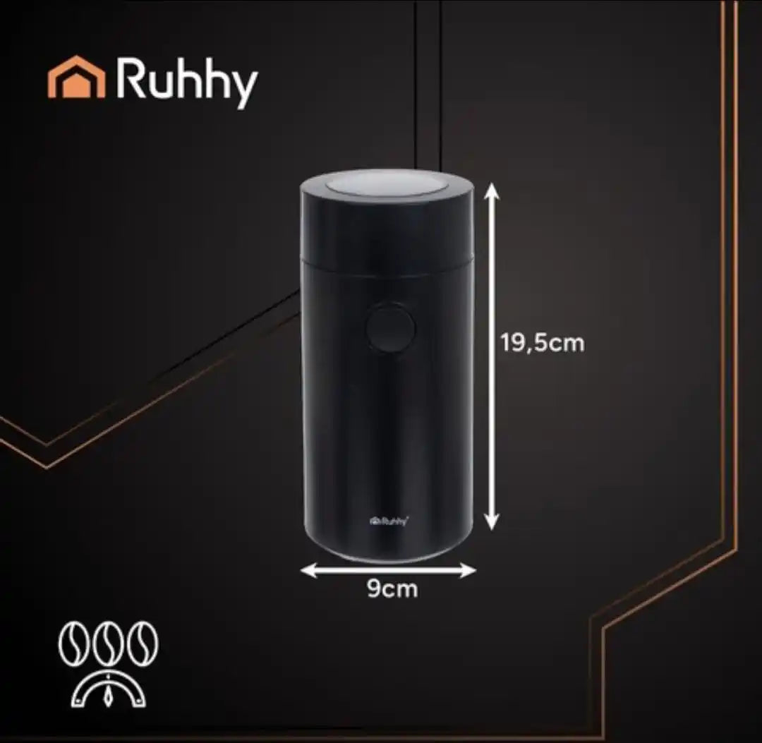 Rasnita Electrica Cafea RUHHY 150W, 50g, Lame din Otel Inoxidabil, Macinare Rapida Condimente si Nuci, Control Grad Macinare, Capac Transparent, Fara BPA, Negru