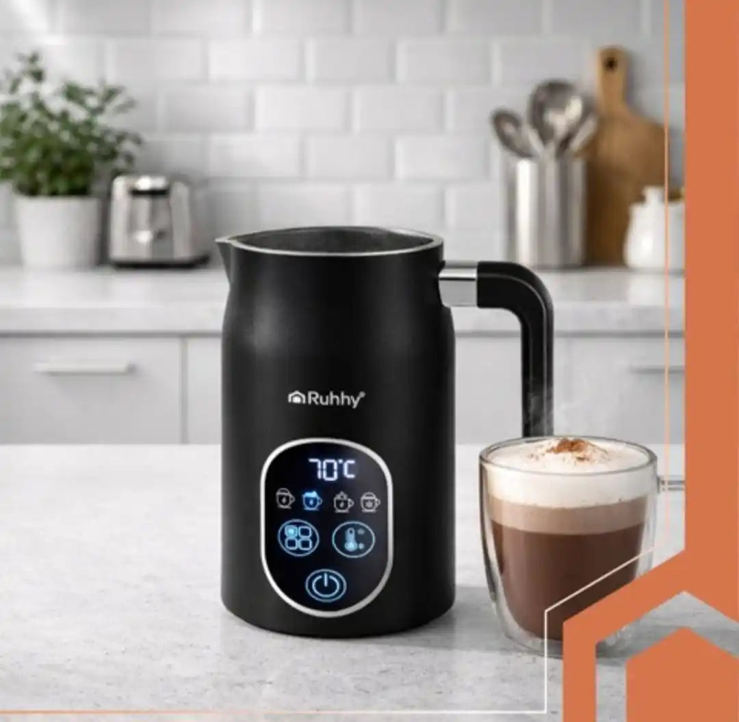 Spumator Lapte Electric RUHHY 4 in 1, 500W, Afisaj LED, Spuma Calda/Rece, Incalzire 55-75°C, 270ml, Cappuccino & Latte, Antiaderent, Fara BPA, Negru