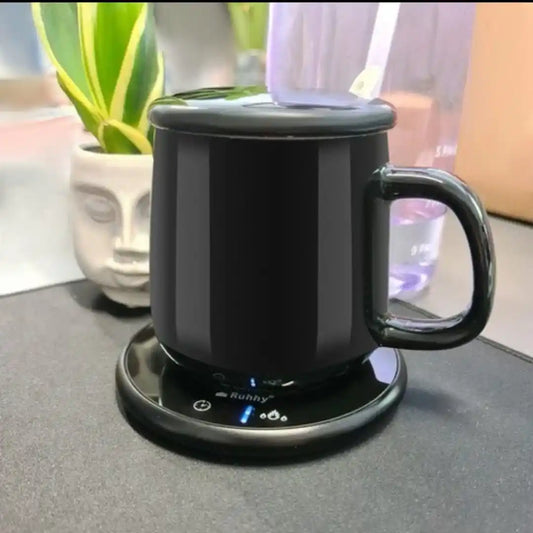 Incalzitor Cana Cafea si Ceai Electric 60°C, Set Cadou cu Cana Ceramica 400ml + Capac si Lingurita, 18W, Timer 1-9h, Placa Incalzire Universala, Anti-Alunecare, Negru
