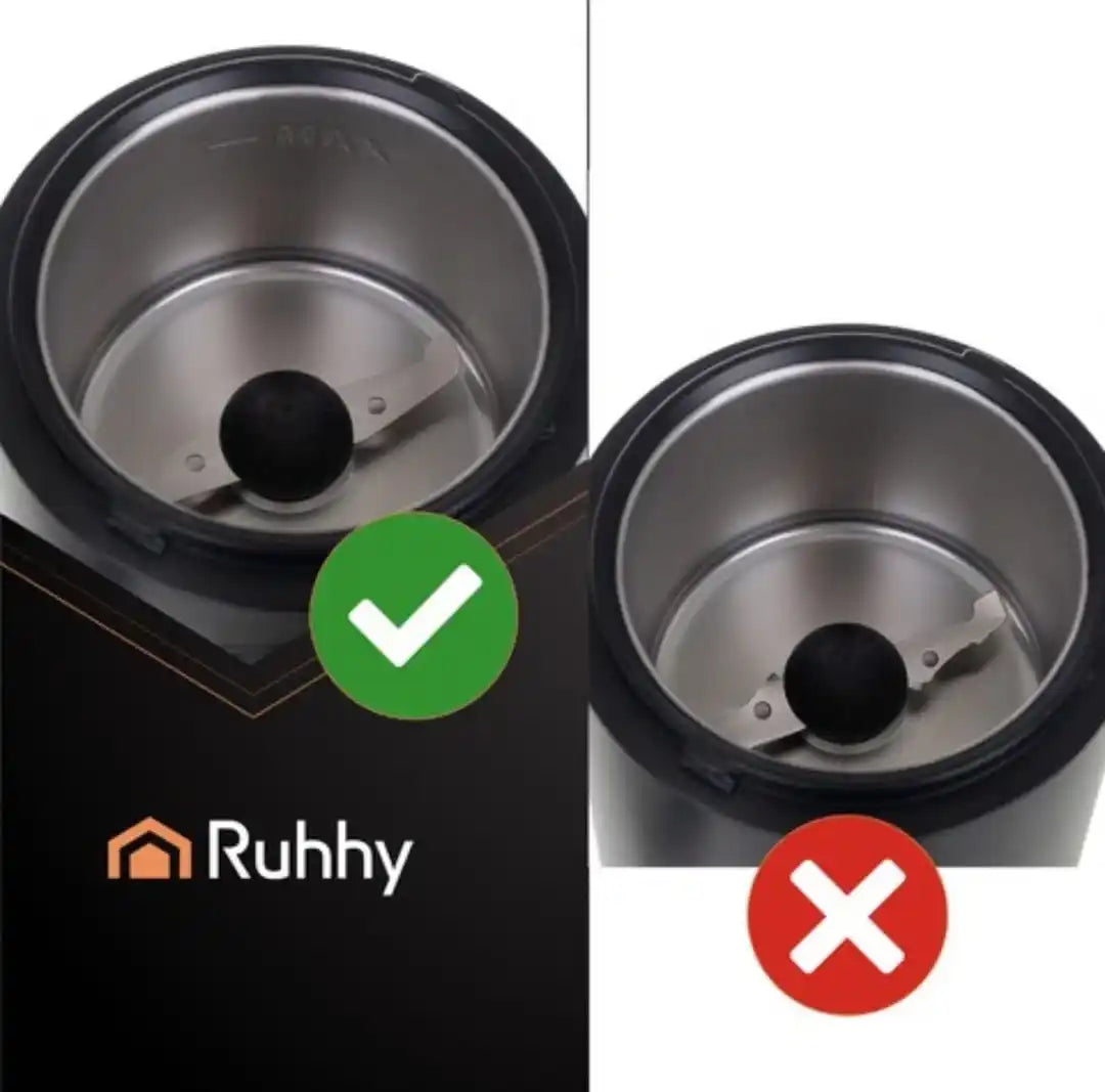 Rasnita Electrica Cafea RUHHY 150W, 50g, Lame din Otel Inoxidabil, Macinare Rapida Condimente si Nuci, Control Grad Macinare, Capac Transparent, Fara BPA, Negru