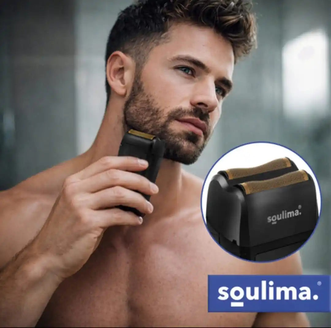 Aparat de Ras Electric Barba Soulima, USB-C, Afisaj LED, 2 Folii + 2 Lame Inox, Trimmer Barba Portabil, IPX4, 60 Min Autonomie, Husa Inclusa