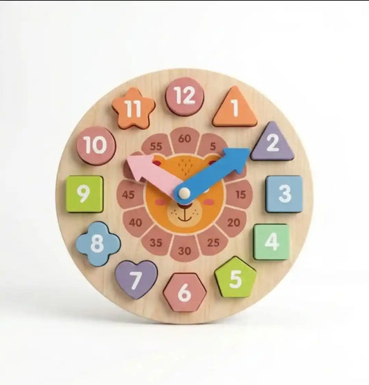 Ceas educational din lemn cu forme geometrice