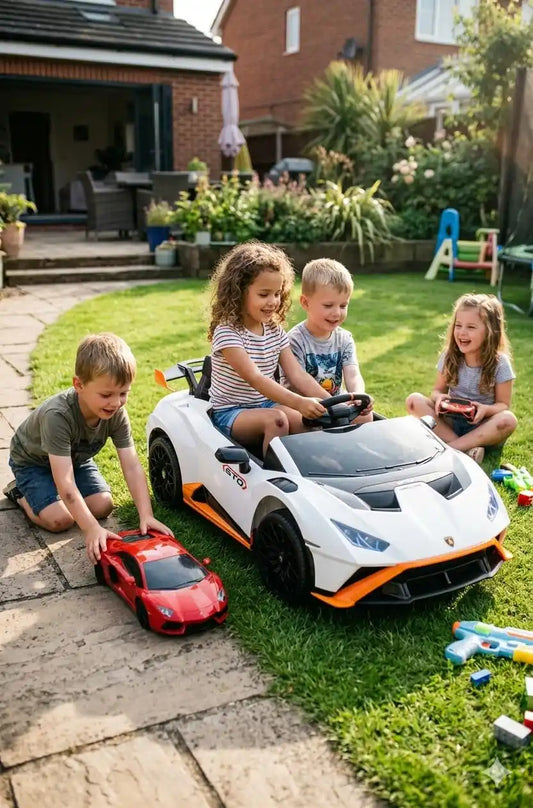 Masinuta electrica cu functie drift Lamborghini Huracan STO, putere 2 x 110W, 12V, culoare alba