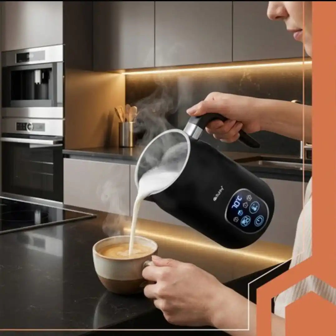 Spumator Lapte Electric RUHHY 4 in 1, 500W, Afisaj LED, Spuma Calda/Rece, Incalzire 55-75°C, 270ml, Cappuccino & Latte, Antiaderent, Fara BPA, Negru