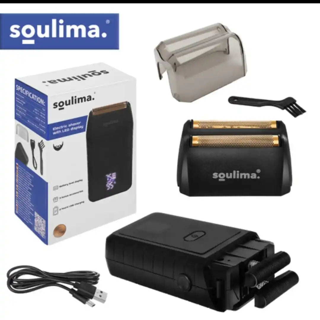 Aparat de Ras Electric Barba Soulima, USB-C, Afisaj LED, 2 Folii + 2 Lame Inox, Trimmer Barba Portabil, IPX4, 60 Min Autonomie, Husa Inclusa