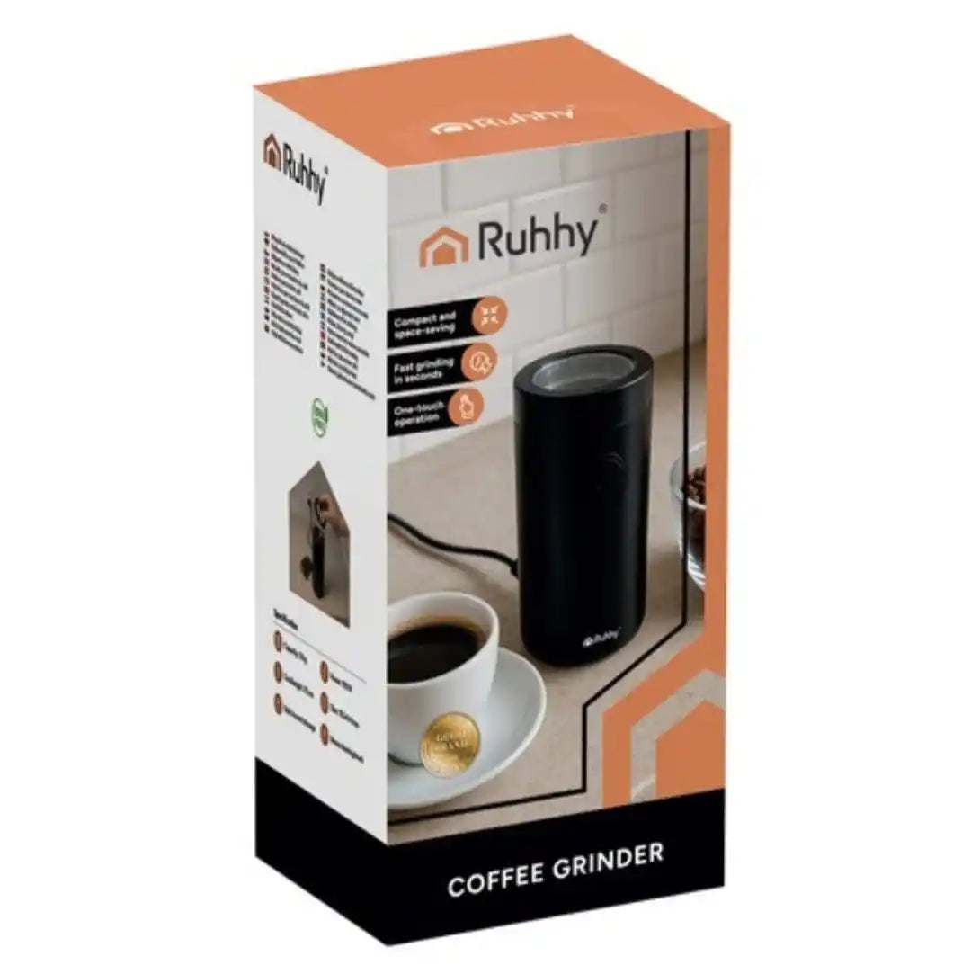 Rasnita Electrica Cafea RUHHY 150W, 50g, Lame din Otel Inoxidabil, Macinare Rapida Condimente si Nuci, Control Grad Macinare, Capac Transparent, Fara BPA, Negru