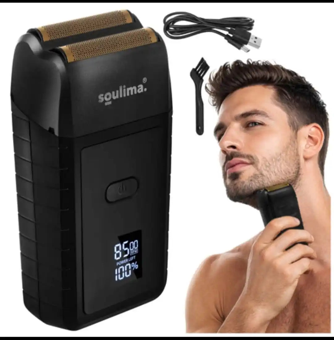 Aparat de Ras Electric Barba Soulima, USB-C, Afisaj LED, 2 Folii + 2 Lame Inox, Trimmer Barba Portabil, IPX4, 60 Min Autonomie, Husa Inclusa