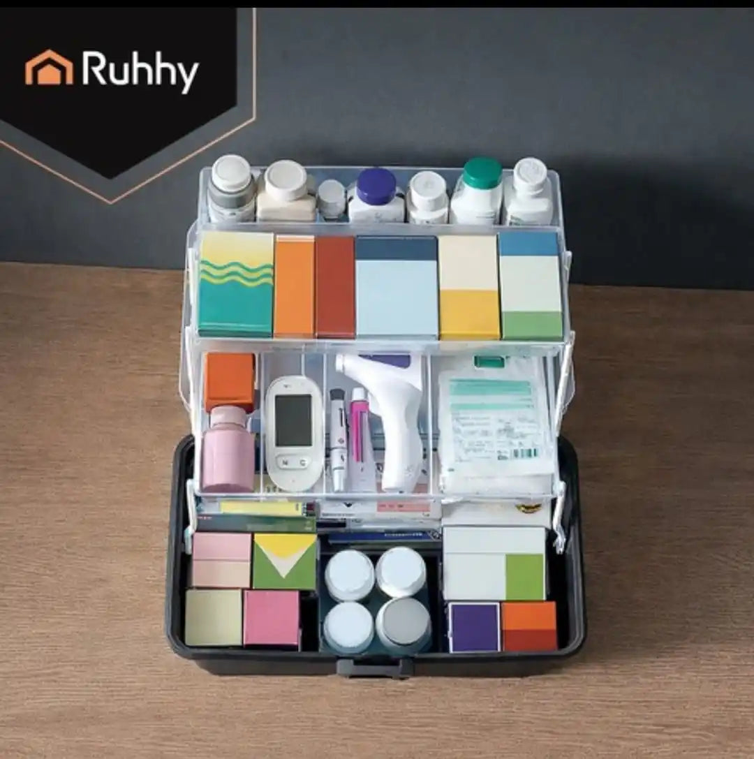Organizator Medicamente Mare cu 2 Niveluri, Cutie Depozitare Pastile, Trusa Medicala Portabila, Compartimente Pliabile, Capac Transparent, Inchidere Sigura, PP, 32x22.5x19 cm, Gri