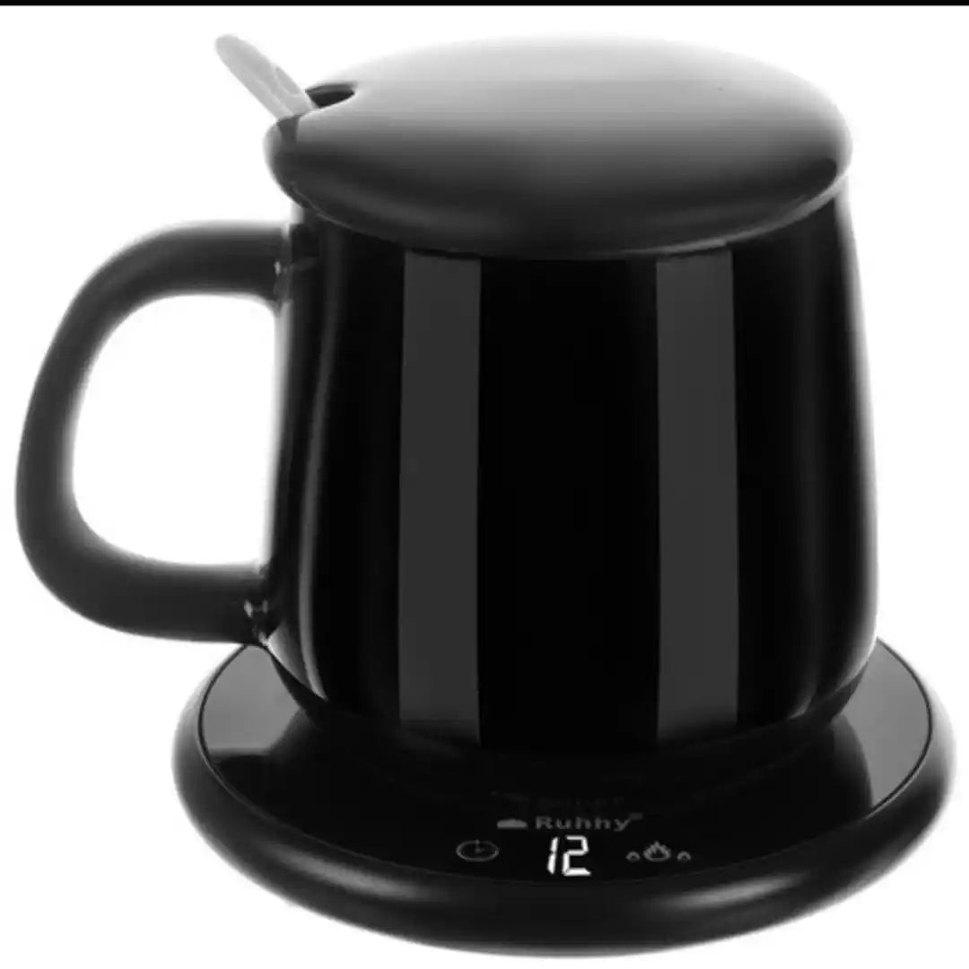 Incalzitor Cana Cafea si Ceai Electric 60°C, Set Cadou cu Cana Ceramica 400ml + Capac si Lingurita, 18W, Timer 1-9h, Placa Incalzire Universala, Anti-Alunecare, Negru