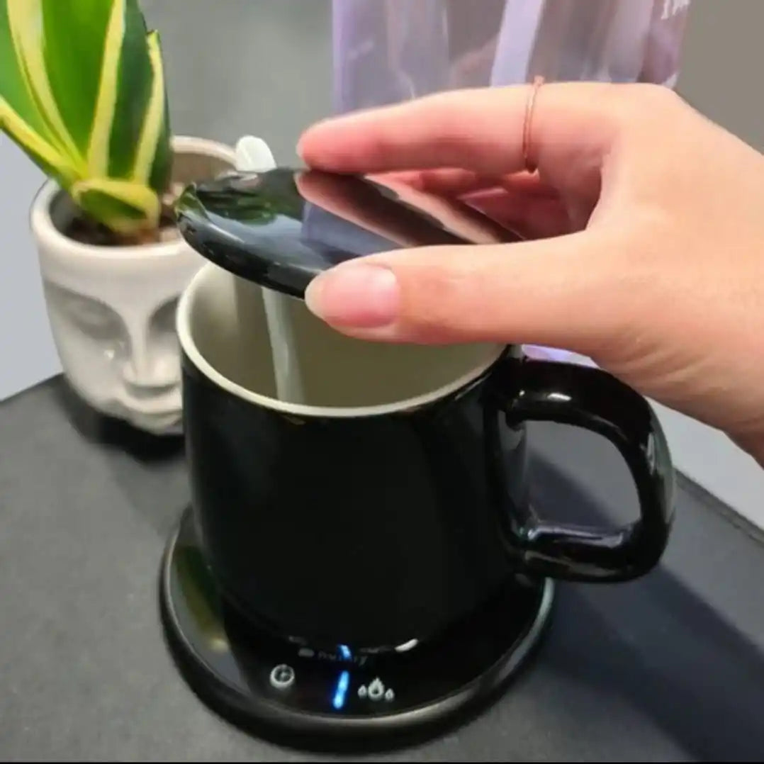 Incalzitor Cana Cafea si Ceai Electric 60°C, Set Cadou cu Cana Ceramica 400ml + Capac si Lingurita, 18W, Timer 1-9h, Placa Incalzire Universala, Anti-Alunecare, Negru