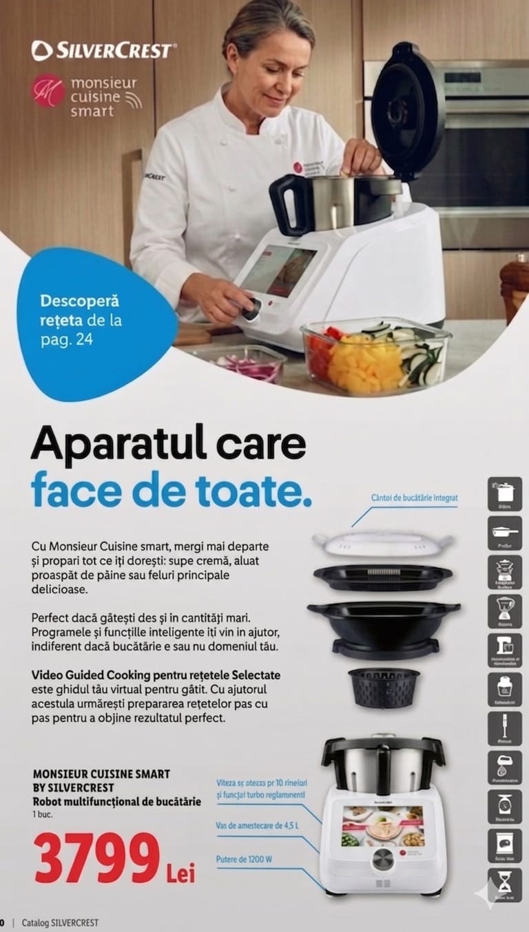 Robot Inteligent de bucătărie SilverCrest Monsieur Cuisine Smart, 1000W, bol 4.5L, WiFi, ecran tactil