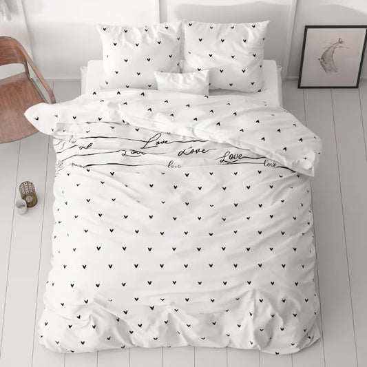 Set husa de pilota Sleeptime Love On Love Alb, 3 piese, 200x220 cm, microfibra premium, antialergen, moale si rezistent la decolorare