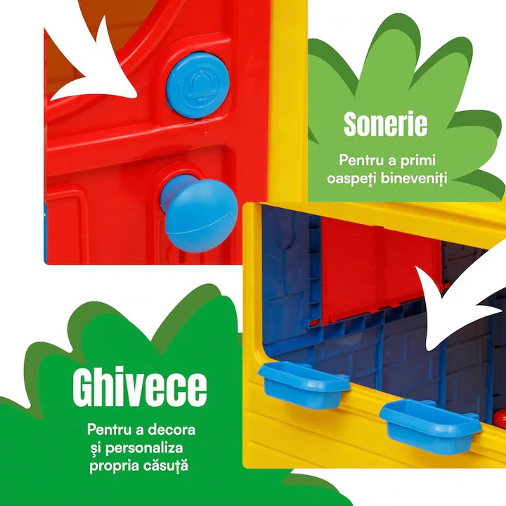 Casuta de gradina pentru copii din plastic cu usi si ferestre care se deschid, casa de joaca interior exterior cu detalii interactive, 122x104x110 cm, galben rosu albastru