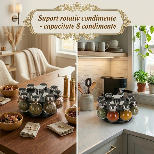 Set 8 recipiente condimente, Cu suport rotativ, Plastic/Metal/Sticla, 17 cm, Negru/Argintiu